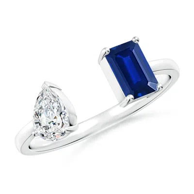 Angara Lab-grown Two-stone Emerald-cut Blue Sapphire & Pear Diamond Open Ring In Metallic