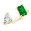 Angara Lab-grown Two-stone Emerald-cut Emerald & Pear Diamond Open Ring In Yellow Gold/rich Green