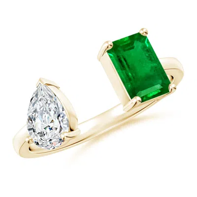 Angara Lab-grown Two-stone Emerald-cut Emerald & Pear Diamond Open Ring In Gold
