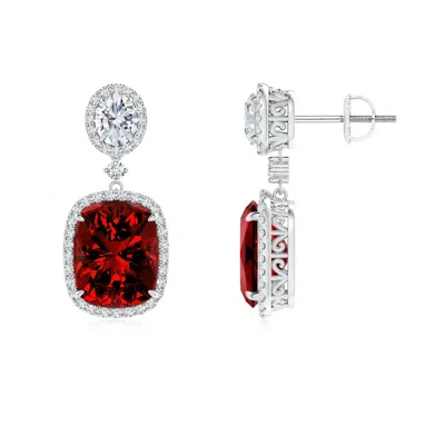 Angara Lab-grown Two Tier Claw-set Ruby Dangle Earrings With Lab Diamond Halo In Red