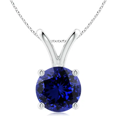 Angara Lab-grown V-bale Round Blue Sapphire Solitaire Pendant