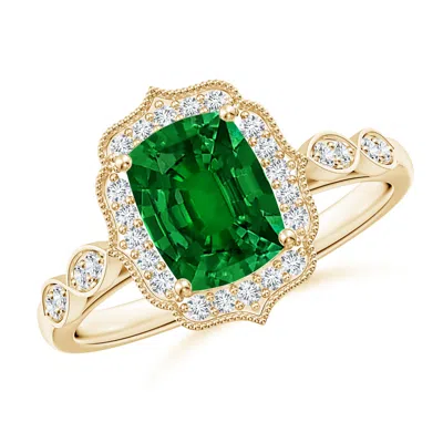 Angara Lab-grown Vintage Inspired Cushion Rectangular Emerald Ornate Halo Engagement Ring In Green