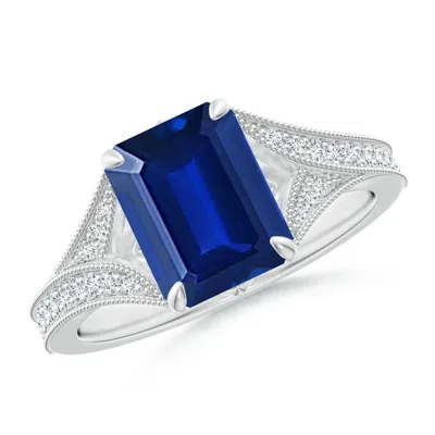 Angara Lab-grown Vintage Inspired Emerald-cut Blue Sapphire Split Shank Engagement Ring In Metallic