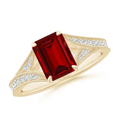 Angara Lab-grown Vintage Inspired Emerald-cut Ruby Split Shank Engagement Ring In Gold