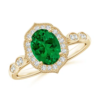 Angara Lab-grown Vintage Inspired Oval Emerald Ornate Halo Engagement Ring In Gold