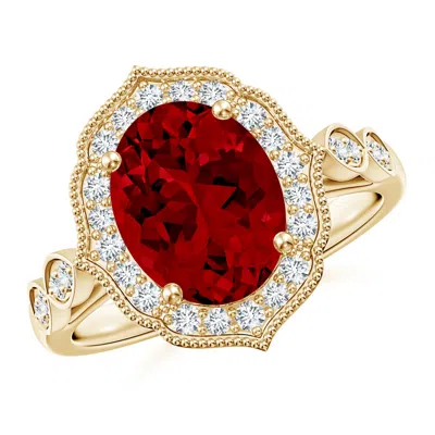 Angara Lab-grown Vintage Inspired Oval Ruby Ornate Halo Engagement Ring In Red