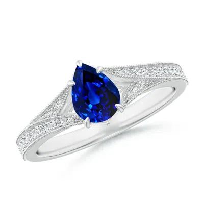 Angara Lab-grown Vintage Inspired Pear Blue Sapphire Split Shank Engagement Ring In Metallic