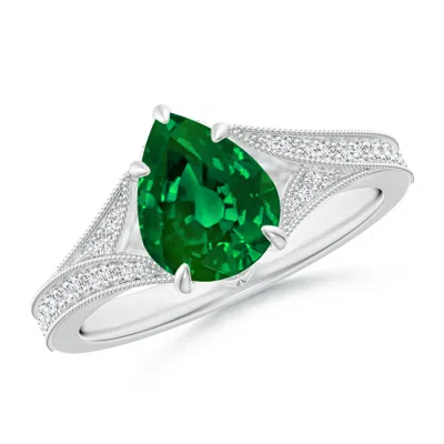 Angara Lab-grown Vintage Inspired Pear Emerald Split Shank Engagement Ring In Metallic