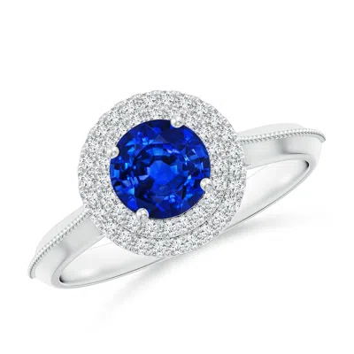 Angara Lab-grown Vintage Inspired Round Blue Sapphire Double Halo Engagement Ring In Gold