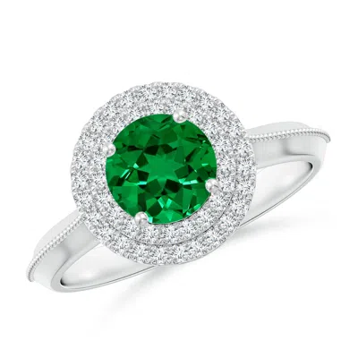 Angara Lab-grown Vintage Inspired Round Emerald Double Halo Engagement Ring In Green