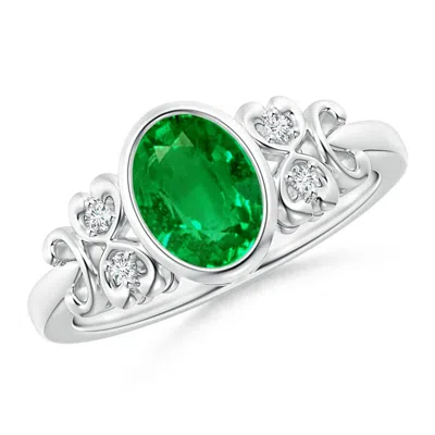Angara Lab-grown Vintage Style Bezel-set Oval Emerald Ring With Diamonds In Green