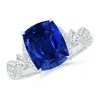 Angara Lab-grown Vintage Style Cushion Rectangular Blue Sapphire Engagement Ring With Leaf Motifs In White Gold/deep Rich Blue