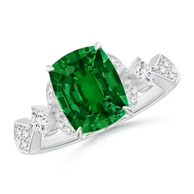 Angara Lab-grown Vintage Style Cushion Rectangular Emerald Engagement Ring With Leaf Motifs In Green