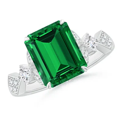 Angara Lab-grown Vintage Style Emerald-cut Emerald Engagement Ring With Leaf Motifs In Green