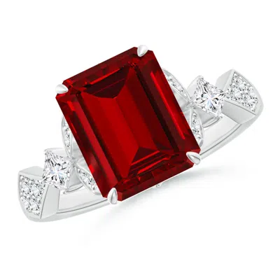 Angara Lab-grown Vintage Style Emerald-cut Ruby Engagement Ring With Leaf Motifs In Red
