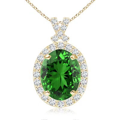 Angara Lab-grown Vintage Style Emerald Pendant With Lab Diamond Halo In Green