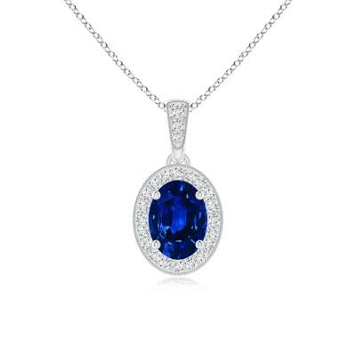 Angara Lab-grown Vintage Style Oval Sapphire Pendant With Diamond Halo In Blue