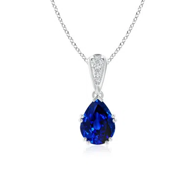 Angara Lab-grown Vintage Style Pear Sapphire Drop Pendant With Diamonds In Blue