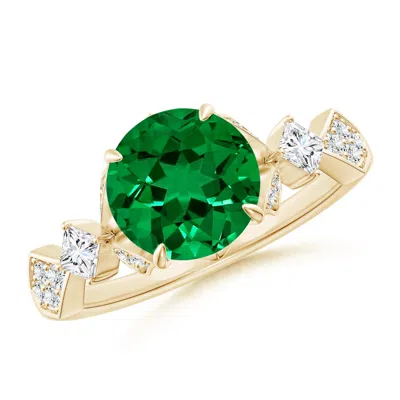 Angara Lab-grown Vintage Style Round Emerald Engagement Ring With Leaf Motifs In Gold