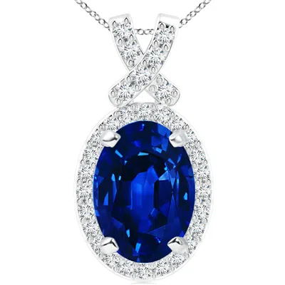 Angara Lab-grown Vintage Style Sapphire Pendant With Lab Diamond Halo In Blue