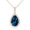Angara London Blue Topaz Teardrop Pendant With Diamond Halo In Yellow Gold/deep Greenish Blue