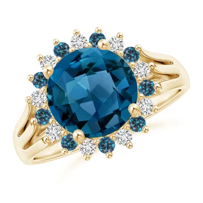 Angara London Blue Topaz Triple Shank Ring With Alternating Halo