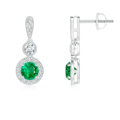 Angara Milgrain-edged Emerald And Diamond Halo Dangle Earrings In Metallic