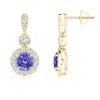 Angara Milgrain-edged Tanzanite And Diamond Halo Dangle Earrings In Yellow Gold/rich Violet Blue