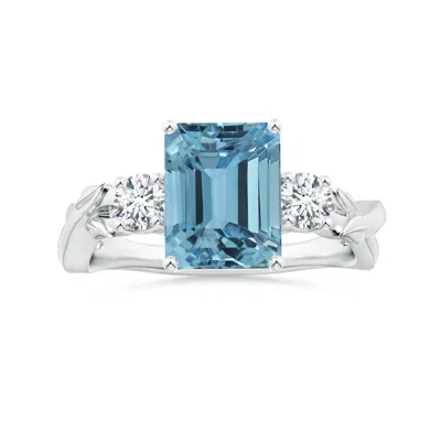Angara Nature Inspired Gia Certified Emerald-cut Aquamarine Three Stone Ring With Diamonds In Blue