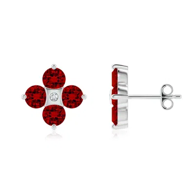 Angara Nature Inspired Round Lab-grown Ruby And Diamond Flower Stud Earrings In Metallic
