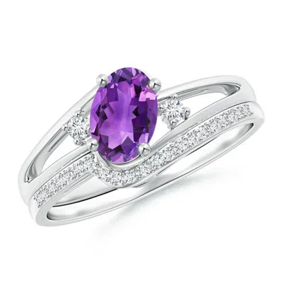Angara Oval Amethyst And Diamond Wedding Band Ring Set