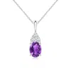 Angara Oval Amethyst Solitaire Pendant With Trio Diamond In White Gold/medium Dark Purple