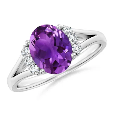 Angara Oval Amethyst With Round Diamond Collar Solitaire Ring In Metallic