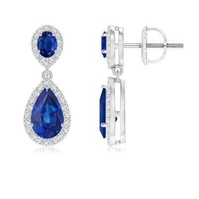 Angara Oval & Pear Blue Sapphire Drop Earrings With Diamond Halo