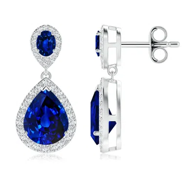 Angara Oval And Pear Lab-grown Blue Sapphire Halo Drop Earrings In Metallic