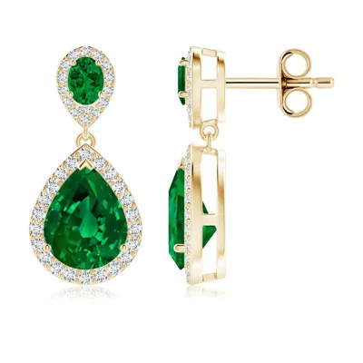 Angara Oval And Pear Lab-grown Emerald Halo Drop Earrings In Gold