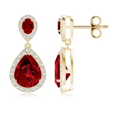 Angara Oval And Pear Lab-grown Ruby Halo Drop Earrings In Red