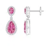 Angara Oval & Pear Pink Sapphire Drop Earrings With Diamond Halo In White Gold/medium Pink