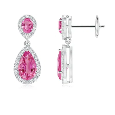 Angara Oval & Pear Pink Sapphire Drop Earrings With Diamond Halo
