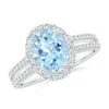 Angara Oval Aquamarine Split Shank Halo Ring With Diamonds In White Gold/light Swiss Blue