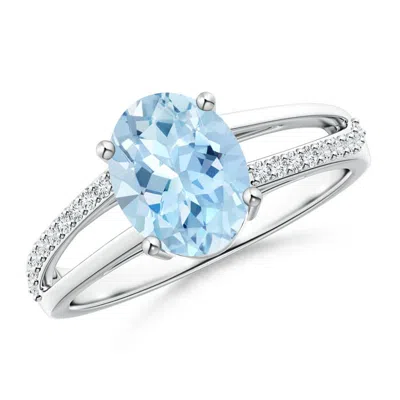 Angara Oval Aquamarine Split Shank Ring With Diamond Accents In Metallic