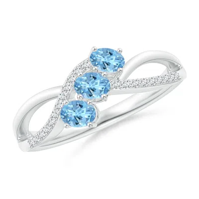 Angara Oval Aquamarine Three Stone Bypass Ring With Diamonds In Blue