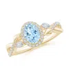 Angara Oval Aquamarine Twisted Vine Ring With Diamond Halo In Yellow Gold/light Swiss Blue