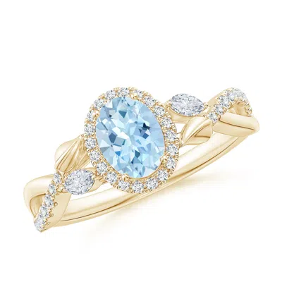 Angara Oval Aquamarine Twisted Vine Ring With Diamond Halo In Gold