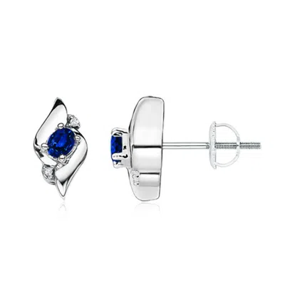 Angara Oval Blue Sapphire And Diamond Shell Stud Earrings In White