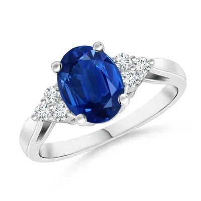 Angara Oval Blue Sapphire Cocktail Ring With Trio Diamond Accents In Metallic