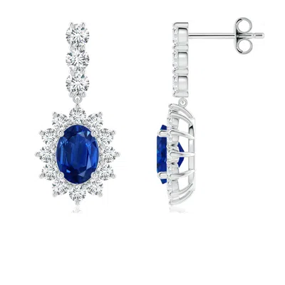 Angara Oval Blue Sapphire Floral Halo Dangle Earrings In Metallic