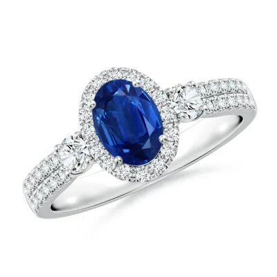 Angara Oval Blue Sapphire Halo Double Shank Engagement Ring In Metallic