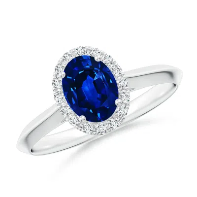 Angara Oval Blue Sapphire Halo Knife-edge Shank Engagement Ring In Metallic