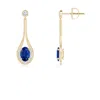 Angara Oval Blue Sapphire Long Drop Earrings With Diamond In Yellow Gold/medium To Rich Blue